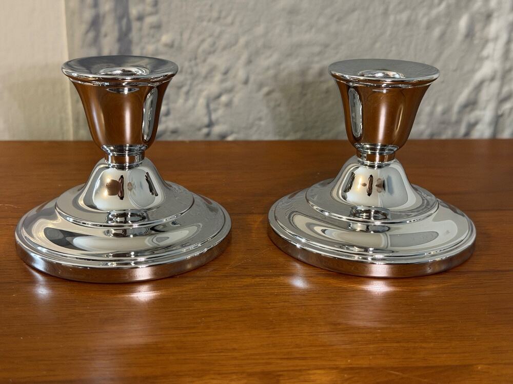 Vintage Chrome plated candlestick holders short 3 1/2 in. tall, 3 in base